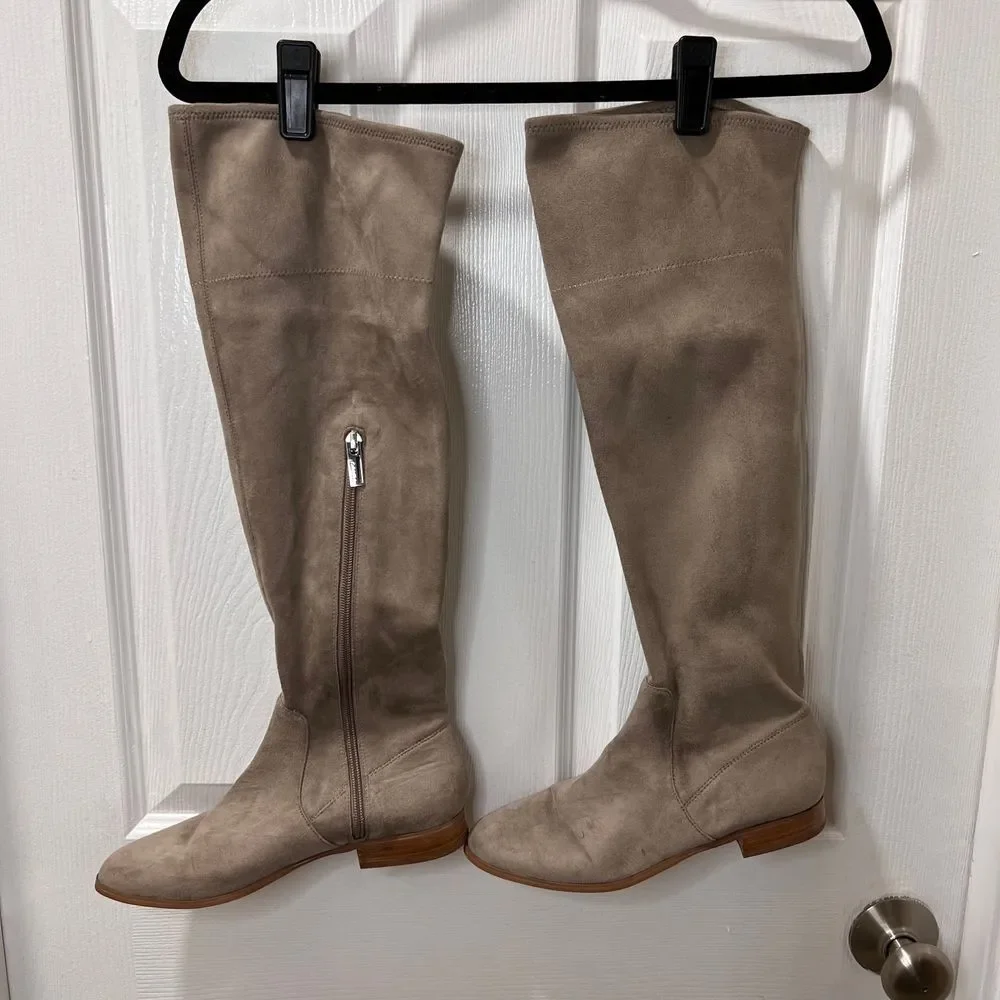 Calvin Klein Taupe Microfiber‎ Over-the-Knee Boots Side Zip Flat Heel-8.5